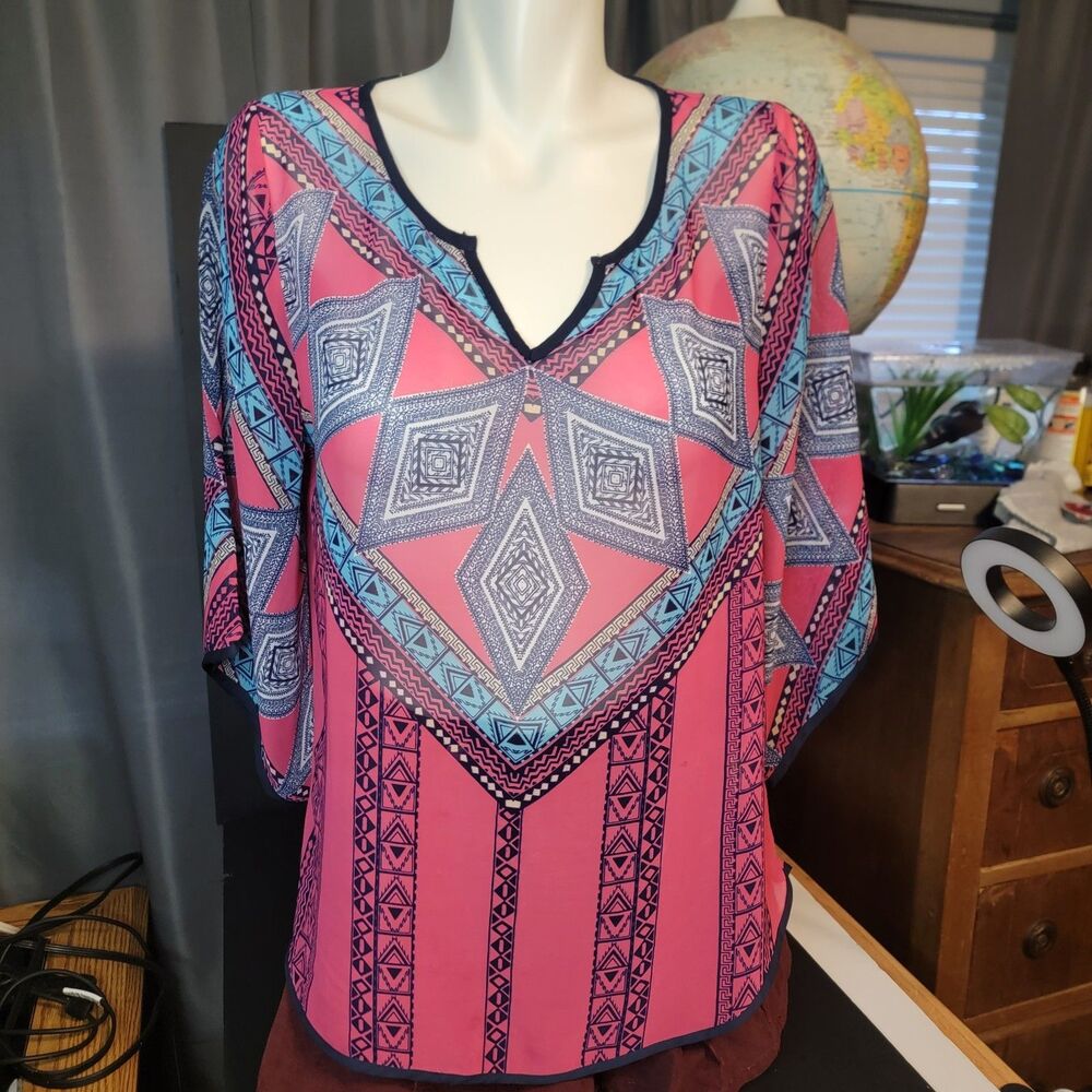 Pink Owl Sheer Blouse. Medium. Pink and Blue